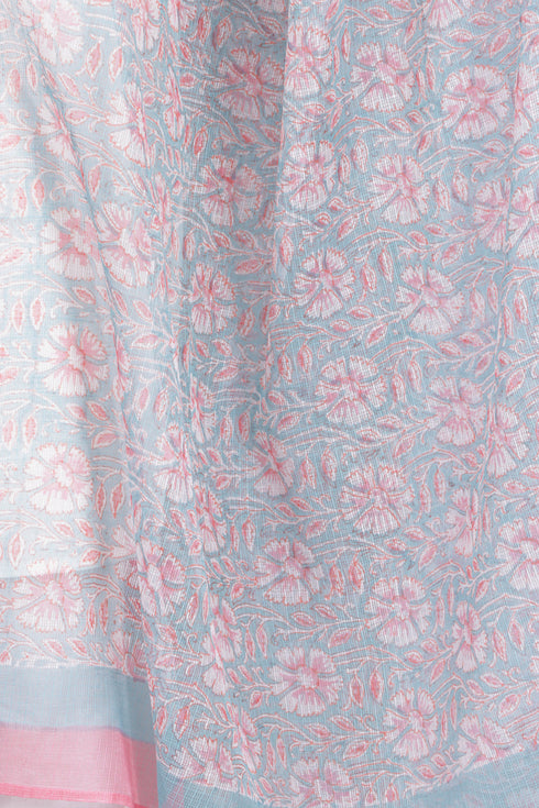 Kota Doria Dupatta In Floral Block Print